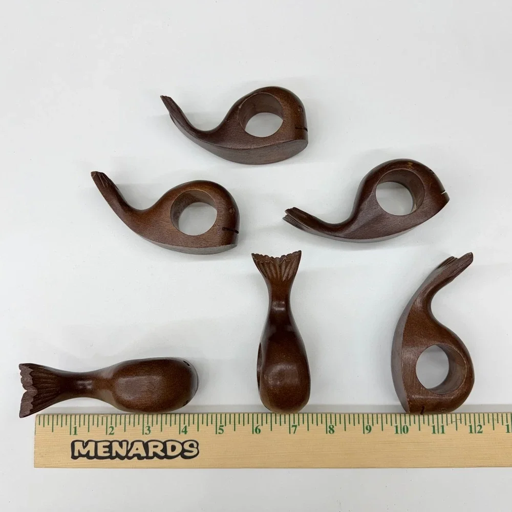 Vintage Hand Carved Wood Whale Napkin Rings Set of 6 Dark Brown Nautical Coastal